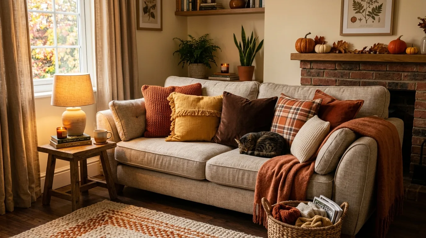 Warm autumn pillow covers styled on a sofa